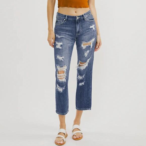 Kancan Effy Mid-Rise Destroyed Boyfriend Jeans Size 5/26 NEW - Picture 1 of 11